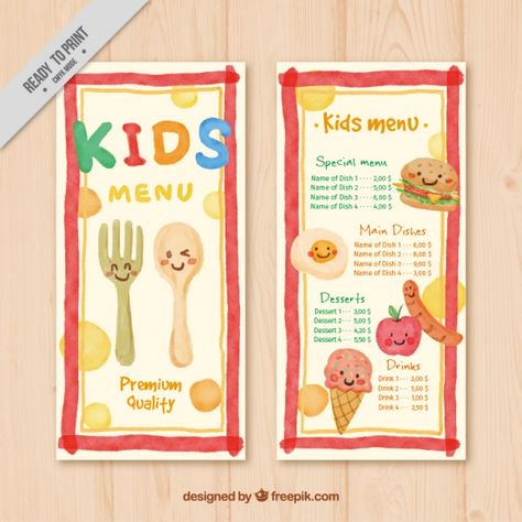 Cute menu for kids painted in watercolor Free Vector Kids Menu Ideas, Kids Menu Design, Menu Cover Design, Watercolor Menu, School Menu, Hotel Menu, Diy Menu, Menu Card Design, Kids Cafe