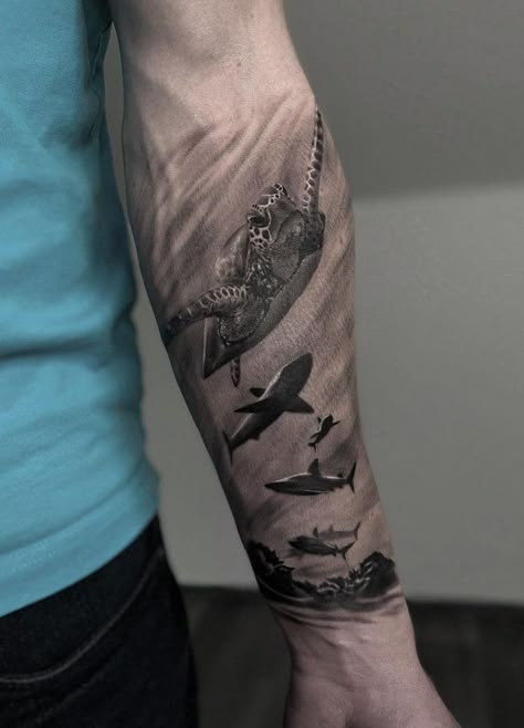 100 Magnificent Shark Tattoos ( The Biggest Gallery) - The Trend Scout Bear Tattoo Sleeve Women, Shark Tattoo Sleeve, Ocean Tattoos Sleeve, Aquatic Tattoo, Shark Tattoo Ideas, Half Arm Sleeve Tattoo, Hai Tattoo, Ocean Sleeve Tattoos, Underwater Tattoo