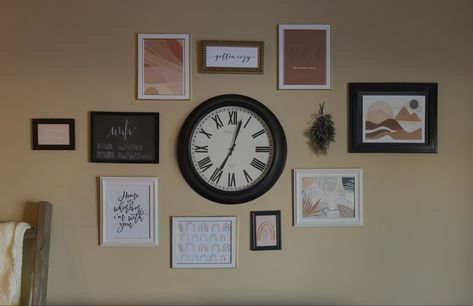 Clock With Pictures Around It Wall Ideas, Gallery Wall With Clock Layout, Clock And Picture Wall Layout, Clock Above Tv, Wall Clock And Picture Frames, Gallery Wall With Clock, Clock Wall Decor Layout, Wall Collage With Clock, Clock Gallery Wall