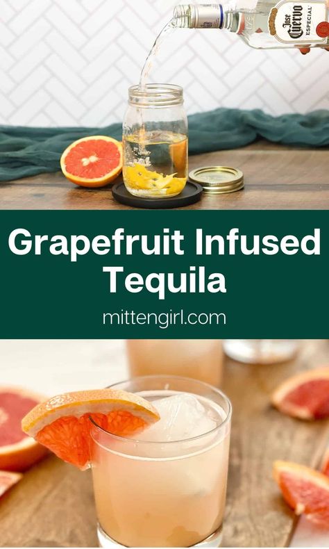 Infusing your own liquor is easy and fun. This grapefruit infused tequila is delicious in place of traditional silver tequila in any margarita or Paloma cocktail. Tequila Infusions, Infused Tequila Recipes, Infused Tequila, Tequila Infused Grapes, How To Infuse Tequila, Infused Alcohol Recipes, Citrus Tequila Cocktails, Pineapple Infused Tequila, Grapefruit Tequila Cocktail