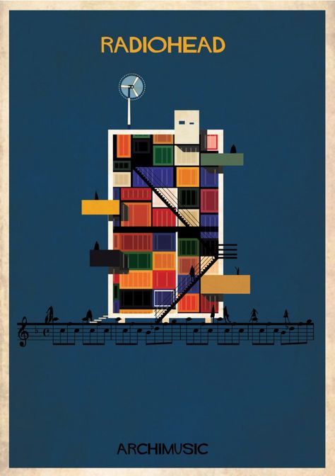 ARCHIMUSIC: Illustrations Turn Music Into Architecture - Federico Babina / Radiohead, “No Surprises” Federico Babina, Famous Music Artists, Cartoon Building, Art Brochures, Poster Book, Black Keys, Retro Posters, Famous Musicians, Architecture Images