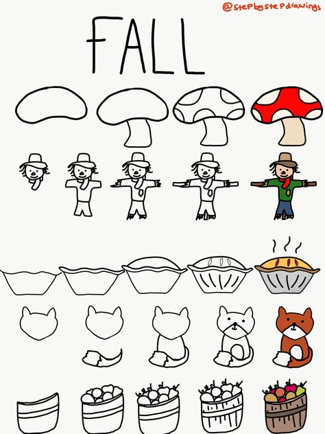 Drawing, drawing, doodle, doodling, step by step, how to, how to draw, bullet journal, design idea, theme, bullet journal theme ideas, bullet journal design idea, fall, autumn, fox, squirrel, apples, leag, leaves, apple, scarecrow Cute Fall Drawings Ideas, White Board Drawings Easy Fall, September Drawings Easy, Simple Fall Doodles, Easy Doodle Art Fall, Dry Erase Board Drawings Fall, Fall Drawings Easy Step By Step, Fall Step By Step Drawing, Fall Theme Drawings