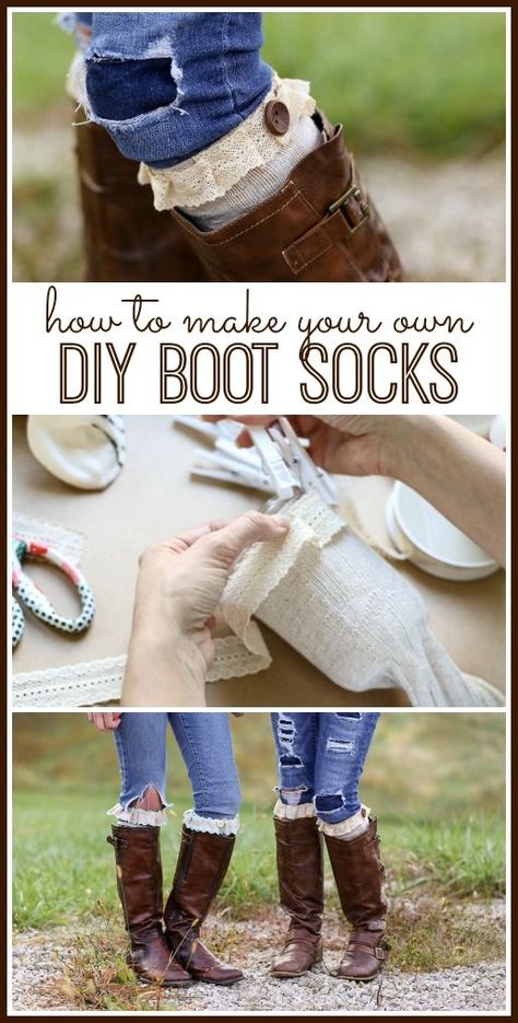 how to make your own DIY No-Sew Boot Socks - Sugar Bee Crafts Diy Boot Socks, How To Make Boots, Over The Knee Sock Boots, Fixing Clothes, Fabric Fusion, Lace Boot Socks, Hunter Boots Outfit, Fashion Upcycling, Diy Fashion Trends