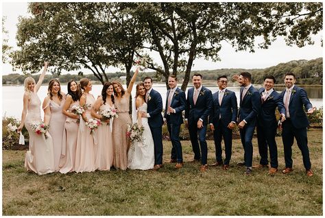 Courtney + Michael | Shelter Island New York Wedding - On The Times Photography Navy Wedding Party Groomsmen, Taupe And Navy Blue Wedding, Wedding Party With Blue Suits, Champagne And Navy Blue Wedding Party, Beige And Navy Wedding Party, Champagne Bridesmaid Dresses Wedding Party, Navy Suits Bridesmaid Dresses, Champagne Dress Navy Suit, Blue Suit Groomsmen And Bridesmaids