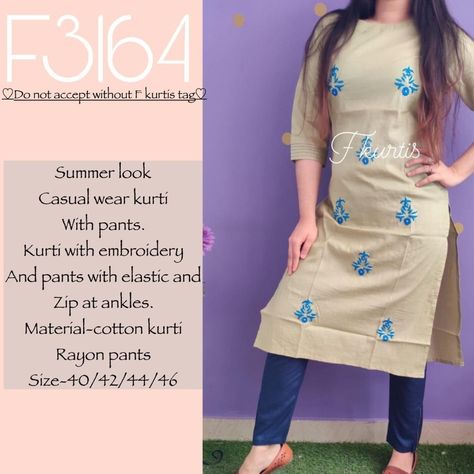 F3164F3165 Summer look Casual wear kurti With pants. Kurti with embroidery And pants with elastic and Zip at ankles. Material-cotton kurti Rayon pants Size-40/42/44/46 Price-1099 free ship  For Prices Order or any other information please click on below link  https://ift.tt/2EGXXvz  #anarkali #suit #3pcsuit #indianwoman #fashion #designerkurti #kurti #CottonKurties #kurta #gorgeous #glamorous #cotton #indiafashion #partywear #arhams #jaipur #jaipurkurti #jaipurikurti #jaipurkurta #wedding #fashi Plus Size Western Wear, Cotton Kurties, Kurti With Pants, Lehenga Top, Gown Plus Size, Designer Kurtis, Cotton Kurti, Rayon Pants, Anarkali Suit