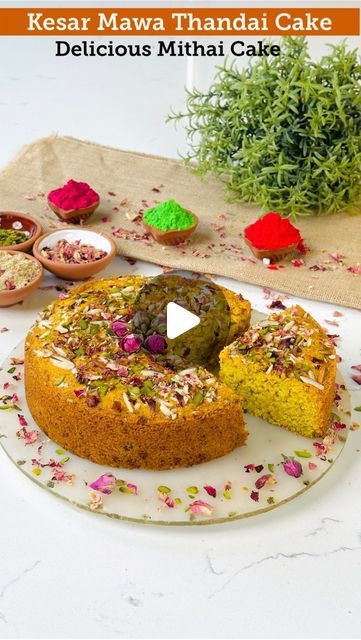 Priya Taparia - Flavourful Food on Instagram: "✨Kesar Mawa Thandai Cake✨ Fusion Mithai Cake  Holi Hai -Ep 5  Enjoy this colourful holi with my delicious kesar mawa thandai cake.  Made with wheat flour, semolina, fresh homemade thandai masala, mawa, kesar milk & dry fruits, this cake is full of flavours, moist, & so rich in taste.  Bake & enjoy this colourful mithai cake this holi. Happy Holi !  Flavourful Fusion Cakes By Priya❤️ Follow @flavourfulfoodz for more delicious recipes  Kesar Mawa Thandai Cake  Measurement cup – 200 ml = 130 gms  Thandai Masala Ingredients:  Almonds - ¼ cup Pista - ¼ cup Cashew nuts - ¼ cup Fennel Seeds - 1½ tbsp Peppercorns - 15 pcs Watermelon seeds - 2tbsp Poppy Seeds - 2 tbsp Cardamom - 12 pcs Dried Rose Petals - 1/4th cup Saffron strands - 1 tsp Nutmeg Powder Fusion Mithai, Thandai Cake, Cake Measurements, Masala Ingredients, Holi Happy, Nutmeg Powder, Holi Hai, Dry Cake, Watermelon Seeds