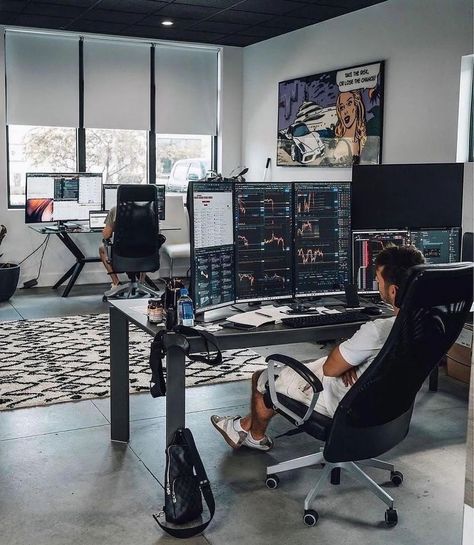 30 Best Trading Desk Setup Ideas You Should Check Stock Trader Office Interior Design, Desk Setup Multiple Screens, Forex Trading Desk Setup, Multiple Screen Desk Setup, Traders Desk, Day Trading Setup, A24 Stills, Trading Desk Setup, Traders Office