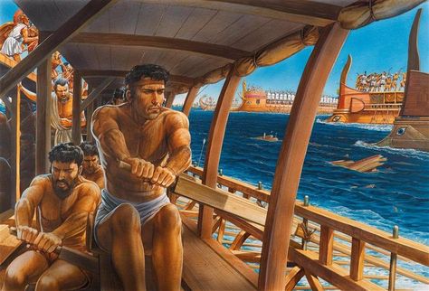 Trireme rowers, Battle of Salamis. Art by Peter Dennis Ancient Illustration, Battle Of Salamis, Greco Persian Wars, Ancient Civilisations, Ancient Mariner, Greek Warrior, Ancient Warfare, Greek History, Medieval World