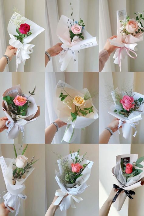 Single Stalk Bouquet, Korean Style Bouquet, Bouquet Wrapping Ideas, Korean Bouquet, Bouquet Display, Floral Arrangements Ideas, Single Flower Bouquet, Single Roses, Floral Packaging