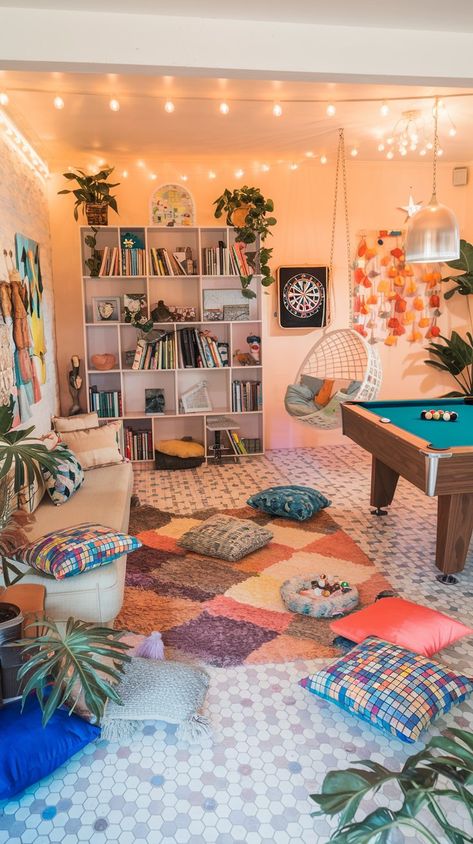 Ultimate Cozy Teen Hangout Room - Home with Ava Teen Center Ideas, Fun Family Room Ideas, Teen Basement Hangout Ideas, Teen Bonus Room Ideas, Basement Kids Hangout, Student Lounge Design, Kids Hangout Room Ideas, Teen Playroom Ideas, She Room Woman Cave