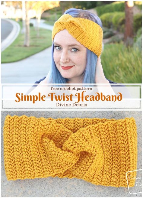 Simple Twist Headband free crochet pattern by Divine Debris  #crochet #freepattern #headbands Headband Pattern Free, Knitted Headband Free Pattern, Crochet Ear Warmers, Ear Warmer Pattern, Easy Crochet Headbands, Sewing Headbands, Crochet Headband Pattern Free, Boot Cuff, Headband Crochet