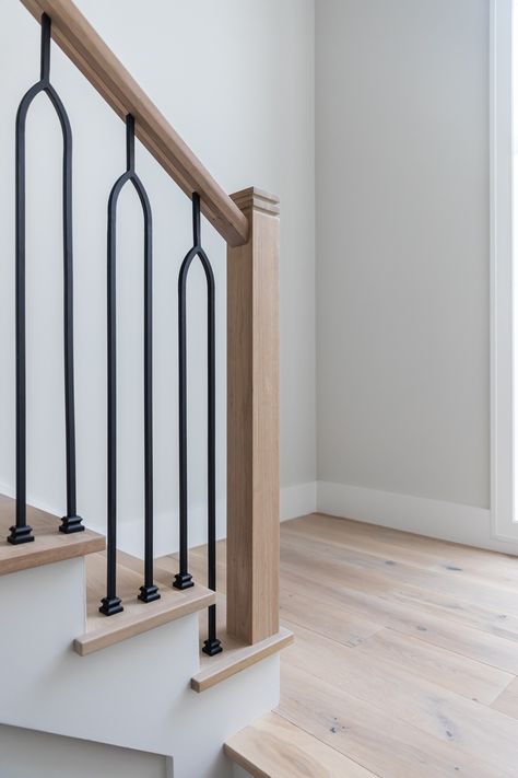 Stair Spindle Ideas Metal, Transitional Modern Staircase, White Oak And Iron Staircase, Staircase Spindles Ideas, Brass Stair Balusters, Oak And Metal Staircase, Split Oval Baluster, White Oak Railing, Basement Staircase Design