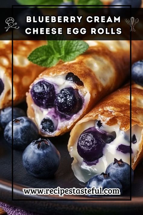 These delightful Blueberry Cream Cheese Egg Rolls are a perfect blend of sweet blueberry filling and creamy cheese, all wrapped in crispy egg rolls. A delicious dessert that's easy to make and sure to impress! Dessert Egg Rolls Recipe, Cream Cheese Egg Rolls, Cheese Egg Rolls, Egg Rolls Recipe, Blueberry Filling, No Egg Desserts, Crispy Egg, Cream Cheese Rolls, Blueberry Desserts