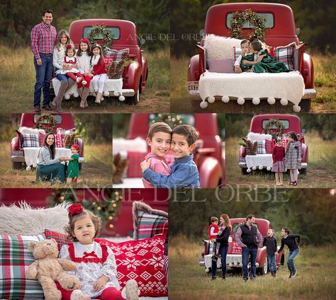 Red Truck Family Christmas Pictures, Red Truck Family Pictures, Christmas Truck Pictures, Red Truck Photoshoot, Red Truck Christmas Pictures Outfits, Christmas Red Truck Photoshoot, Truck Christmas Photoshoot, Christmas Pictures With Old Truck, Christmas Truck Photoshoot