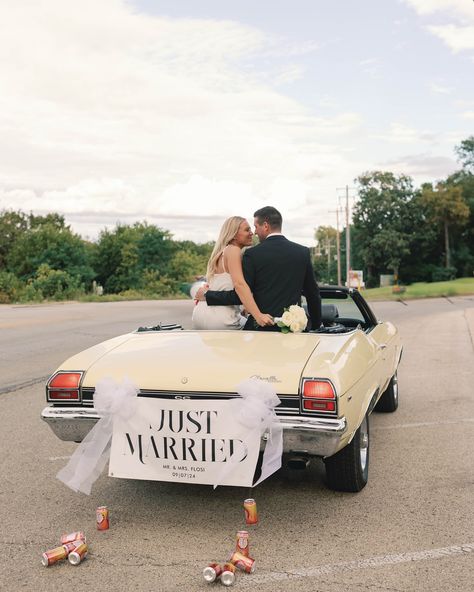 Mr & Mrs Flosi everybody 👏🏼 ✨❤️‍🔥 Chicago wedding photographer, couple photography, wedding day vibes, bridal aesthetic, bride and groom, just married, film photos, wedding photographer, Chicago bride, Chicago weddings Aesthetic Bride And Groom, Aesthetic Bride, Wedding Getaway Car, Bridal Aesthetic, Just Married Sign, Just Married Car, Photographer Couple, Film Photos, Getaway Car