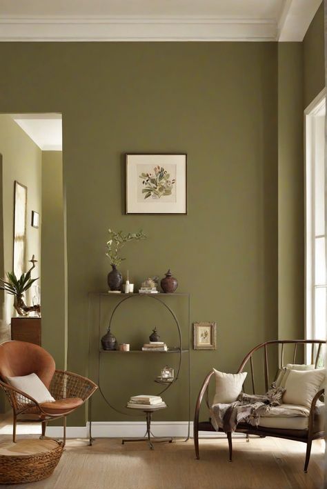 Interior design, wall paint, home decor, space planning Muted Green Accent Wall, Dark Olive Walls, Olive Living Room Color Scheme, Olive Walls Living Room, Sw Ripe Olive, Olive Walls, Olive Green Wall Paint, Olive Paint Color, Green Living Room Color Scheme