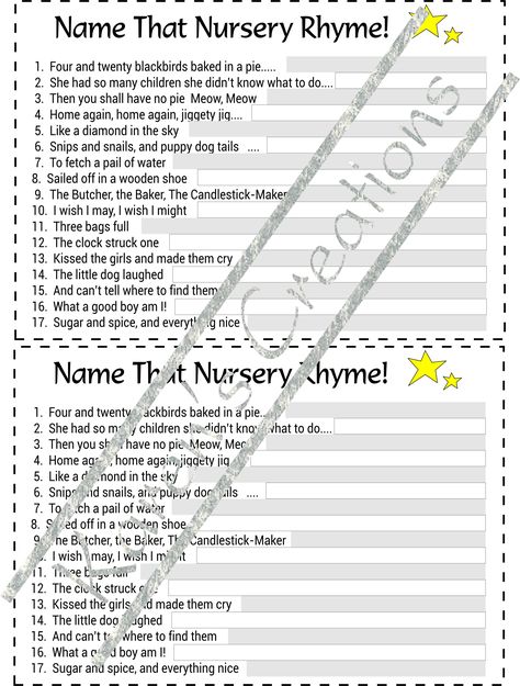 Baby Shower Game - Name that Nursery Rhyme (2 per page) - Instant Digital Download Price Is Right Games, Diamonds In The Sky, Question Paper, Trivia Games, Baby Games, Shower Games, Nursery Rhymes, Baby Shower Games, Nursery