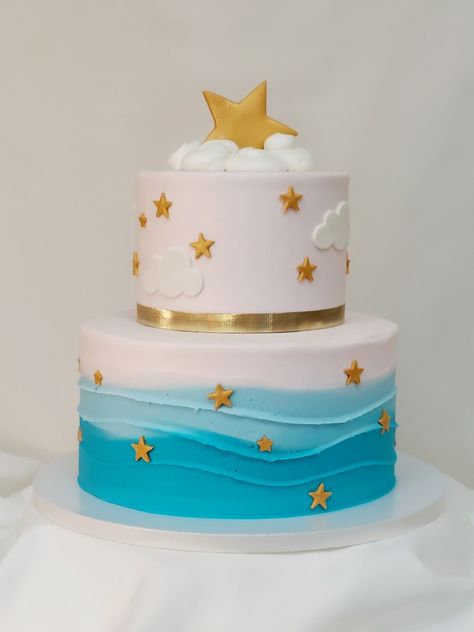 This 2-tier gender reveal cake is iced in buttercream with fondant stars and clouds. #genderreveal #babyshowercakes #pinkandblue #adcbakery #jacksonvillenc Fondant Stars, Round Birthday Cakes, Tiered Cakes Birthday, Gender Reveal Party Theme, 2 Tier Cake, Gender Reveal Cake, Animal Cake, Themed Birthday Cakes, Tier Cake