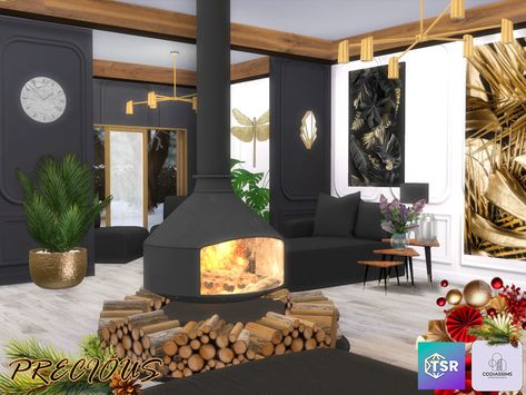 Fireplace Sims 4 Cc, Sims 4 Fireplace Cc, Chalet Living Room, Bungalow Living Room, Living Room Sims 4, Blocksburg Room Ideas￼, Sims 4 Kitchen, Sims 4 Bedroom, Small Fireplace