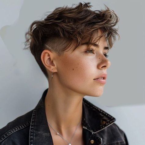 Womens Short Mullet Hairstyles, Short Mowhak Hairstyle Woman, Short Haircuts With Undercut, Short Haircuts Androgynous, Masc Haircuts Short, Nonbinary Short Hair, Short Lesbian Haircut, Queer Short Haircuts, Big Cheeks Haircut