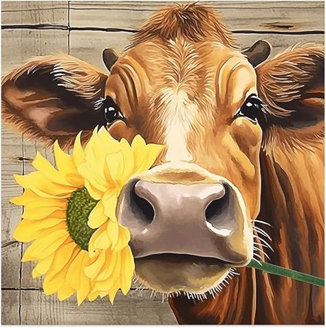 DOARTDO Cow Canvas Wall Art Farmhouse Rustic Cute Brown Cow and Sunflower Picture Retro Farm Animal Painting Artwork for Kitchen Home Wall Decor (Brown, 12x12inch) : Amazon.ca: Home Cow Picture Wall, Western Painting Canvas, Cow And Sunflower, Artwork For Kitchen, Farm Artwork, Farm Animal Painting, Cow Sunflower, Painting Pots, Cow Photography