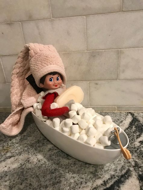 Marshmallow Bath Elf On The Shelf, Elf In Bathtub, Ball Pit Elf On The Shelf, Elf Marshmallow Bath, Elf On The Shelf Marshmallow Bath, Elf With Marshmallows Shelf Ideas, Marshmallow Elf On The Shelf Ideas, Elf On The Shelf Bathtub, Elf Marshmallow Ideas