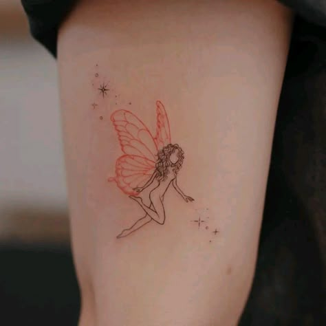 Red And Black Fairy Tattoo, Fairy Tattoo With Curly Hair, Fairy Tattoo Curly Hair, Fairy With Curly Hair Tattoo, Curly Hair Fairy Tattoo, Fairy Color Tattoo, Fairy Tattoo Colorful, Red Fairy Tattoo, Fairy Tattoos For Women Unique