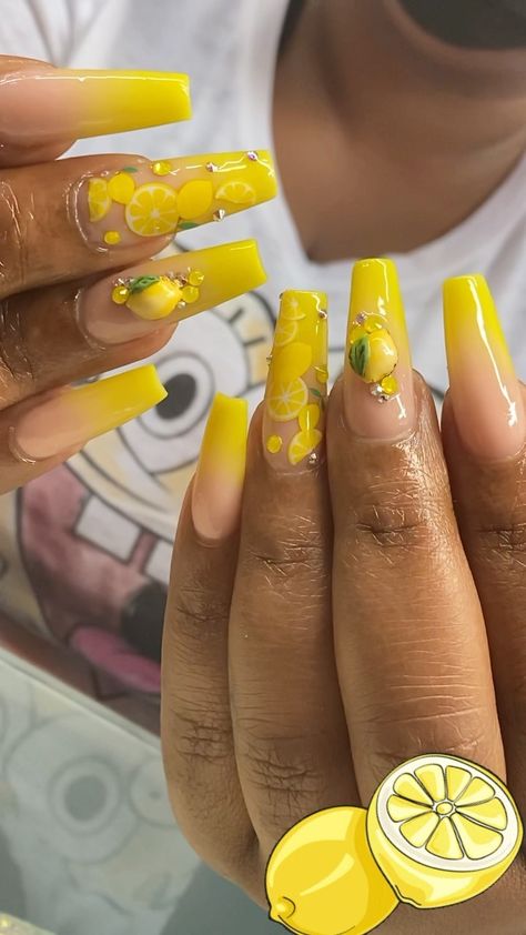 Jasmine 💅🏾🇵🇦♓️ on Instagram: "🎶 Pulled up in a lemon 🍋 🎶 Remix of the yellow ombré set. It keeps giving ! Fruit decals in my nail art store @jazzyjewelsnab #bathsaltbitingspeakersintheface #lemon #lemonade #lemonnails #ombrenails #jazzynailstylist #follow #bling #3dnailart #carolinapr #pinknailspr" 3d Lemon Nails, Pink Lemonade Nail Designs, Lemon Nails Designs, Lemonade Nails, Fruity Nails, Jazzy Nails, 21st Birthday Nails, Lime Nails, Mail Inspo