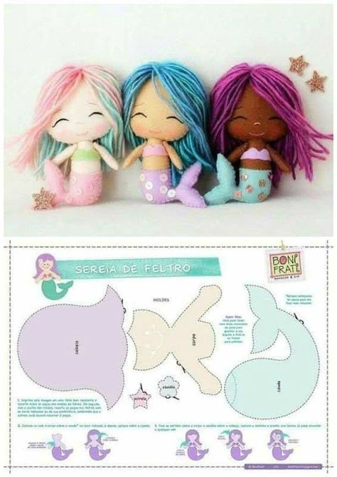 Dolls Handmade Diy, Felt Doll Patterns, Felt Toys Patterns, Mermaid Crafts, Felt Crafts Patterns, Homemade Dolls, Felt Crafts Diy, Sewing Stuffed Animals, Mermaid Dolls