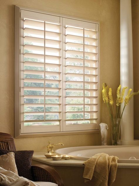 Vanilla • 4½ inch louver • Casing Frame • Tilt Bar Affordable Window Treatments, Shutters Inside, Roller Blinds Bedroom, Classic Shutters, Vertical Window Blinds, Indoor Blinds, Patio Blinds, Bathroom Blinds, Vinyl Shutters