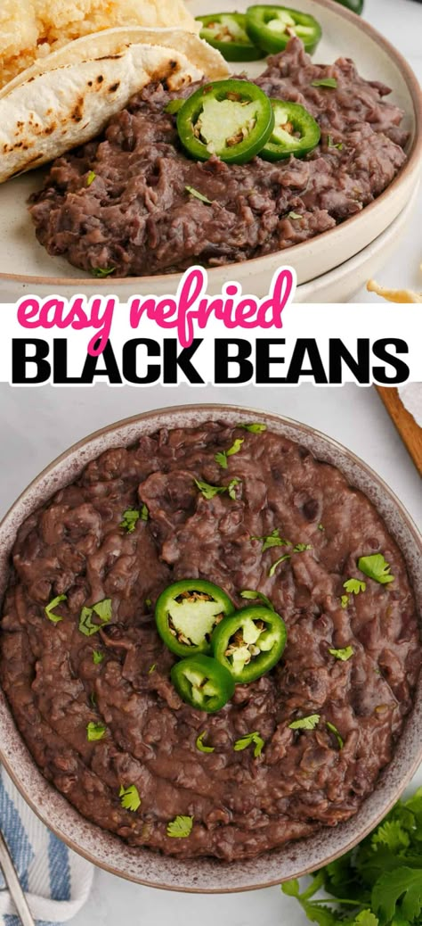 Black Bean Refried Beans, Refried Black Beans, Make Refried Beans, Mexican Black Beans, Refried Beans Recipe, Mexican Side Dishes, Black Bean Recipes, How To Cook Beans, Cooking Black Beans