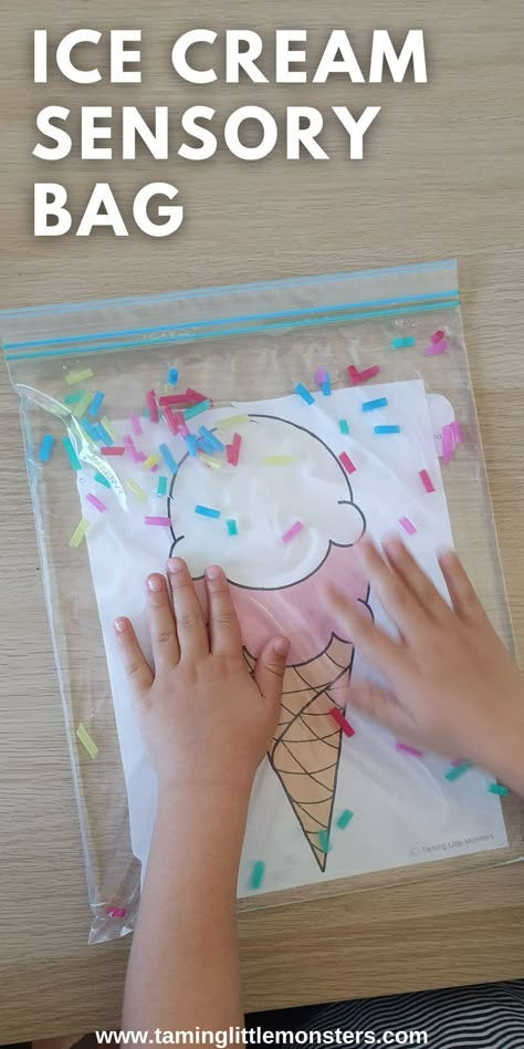 Summer Crafts For Infants, Simple Summer Crafts, Ice Cream Sensory, Crafts For Infants, Summer Activities For Toddlers, Ice Cream Crafts, Sensory Bag, Circle Time Activities, Sensory Bags