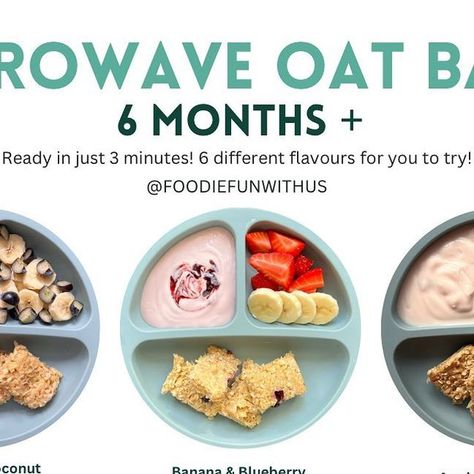 Chelsey Watkins on Instagram: "MICROWAVE OAT BARS - 6 MONTHS + 🍴 💡 In a microwave container add equal amounts of oats to milk (I use 7 TBSP oats & 7 TBSP milk) and then your fruit. Mix, flatten with the back of the spoon and cook for 2-3 minutes. Take out of container, cut up and serve! 💚 Banana and Coconut Oat Bars 💚 Banana and Blueberry Oat Bars 💚 Apple and Cinnamon Oat Bars 💚 Apple and Mango Oat Bars 💚 Peanut Butter and Jam Oat Bars 💚 Raspberry and Banana Oat Bars ❌ These meals were served to my 22 month old - if serving to a 6 month old, portions will of course be smaller and food should be served according to babies age ❌ #babyledweaning #babyled #toddlermeals #blw #fussyeaters #whatifeedmykid #food #whatmykideats #blwideas #startingsolids #familymeals #healthyeating #weanin Coconut Oat Bars, Banana Oat Bars, Mini Pancake Muffins, Blueberry Oat Bars, Blueberry Oat, Pancake Muffins, Fussy Eaters, Banana Oats, Oat Bars