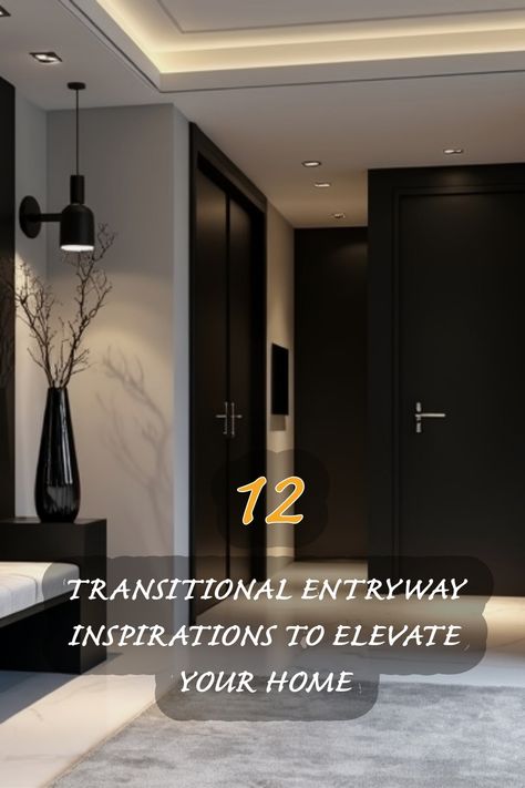 I absolutely love the sleek and modern look of transitional entryways! This space perfectly balances style and functionality, creating a warm welcome to any home. The combination of dark cabinetry and soft lighting enhances the sophistication, while the decorative elements, like the vase with branches, add a touch of elegance. Explore these ideas to transform your entryway into a stunning first impression! Transitional Style Foyer Entryway, Small Foyer Ideas Entryway Modern Luxury, Small Foyer Ideas Entryway Modern, Contemporary Entrance Foyer Design, Luxury Entryway Ideas, Foyer Ideas Entryway Modern Luxury, Transitional Entryway Ideas, Foyer Area Design Entrance, Foyer Ideas Entryway Modern