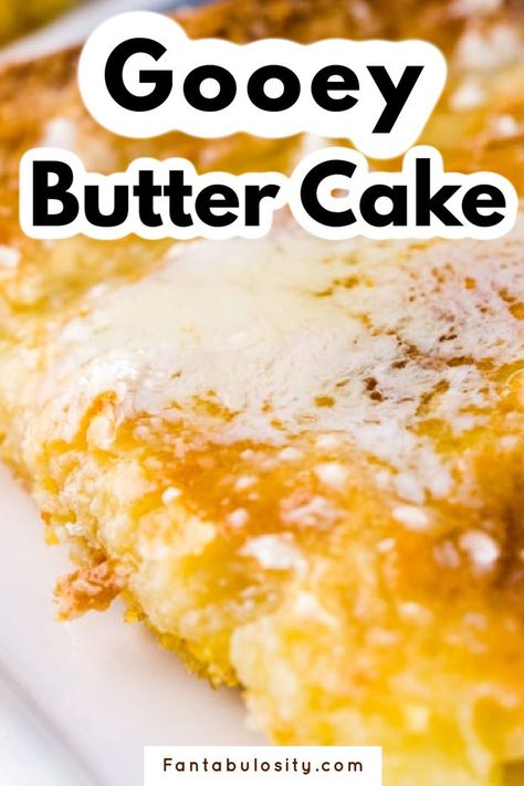 gooey buttery cake Easy Gooey Butter Cake Recipe, Yellow Cake Mix Desserts, Gooey Butter Cake Recipe, Yellow Cake Mix Recipes, Yellow Butter Cake, Gooey Cake, Cake Mix Desserts, Flat Cakes, Sweet Potato Brownies