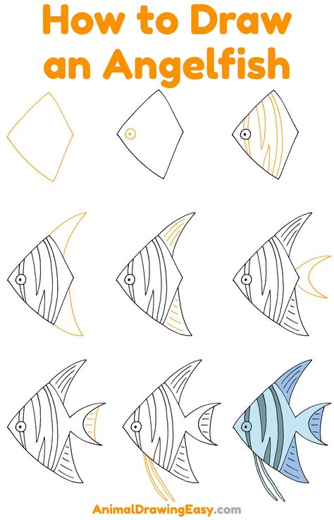 How to Draw an Angelfish Step by Step #Angelfish #Drawings #EasyDrawings #HowtoDraw #HowtoDrawEasy #FishDrawing #AngelfishDrawing #DrawingTutorials #Sketch #Sketching #Art #Artwork #AnimalDrawings #Cartoon #CartoonDrawings Fish In The Sea Drawing, How To Draw A Fish Easy, How To Draw A Fish Step By Step, Easy To Draw Fish, Step By Step Fish Drawing, Blue Fish Drawing, Angel Fish Drawing, How To Draw A Fish, Angelfish Drawing