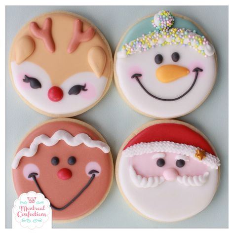 Decorating Round Christmas Cookies, Sugar Cookie Frosting Designs Christmas, Round Snowman Cookies, Cookie Icing Ideas Christmas, Circle Santa Cookies, Cookie Decorating Contest Ideas, Round Sugar Cookie Christmas Designs, Round Santa Cookies, Creative Christmas Cookies Decorated