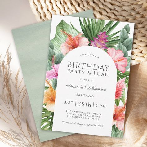 Hawaiian Theme Birthday, Ginger Flowers, Aloha Birthday, Luau Invitations, Tropical Birthday Party, Tropical Invitations, Floral Birthday Invitations, Floral Birthday Party, Text Template