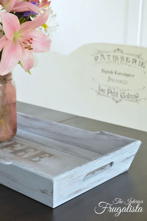 Chalk painted thrift store wooden tray transformation | The Interior Frugalista Wooden Tray Makeover, Tray Makeover, Paint Makeover, Frugal Decor, Chalk Paint Makeover, Rustic Serving Trays, Blue Chalk Paint, Country Chic Paint, Funky Junk Interiors