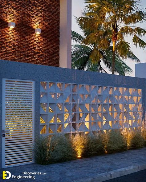 Wall Fence Ideas, Block Wall Fence, Pagar Modern, Garden Dividers, Mid Century Landscape, Breeze Block Wall, Wall Fence, Grill Door Design, Breeze Blocks