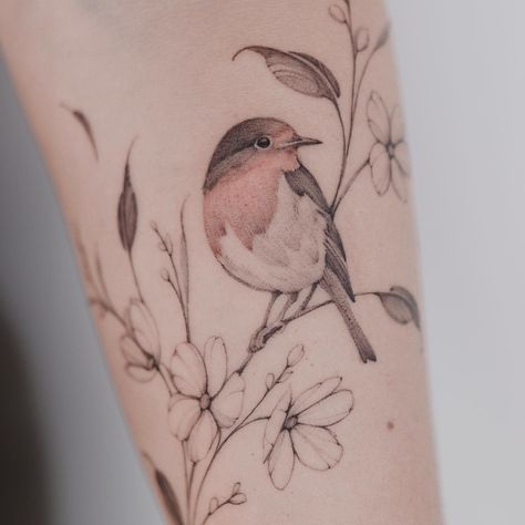 Robin with cherry blossom 🌿 My favorite tattoo motifs! I made this project by freehand drawing and I’ll show the process soon, follow my�… | Instagram Perched Bird Tattoo, Small Robin Tattoo Black And White, European Robin Tattoo, Bullfinch Tattoo, Bird And Tree Tattoo, Robin Tattoo Black And White, Red Robin Tattoo, Bird On Branch Tattoo, Color Bird Tattoo