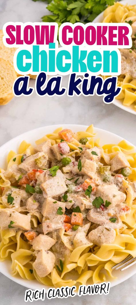 Slow Cooker Chicken a la King - Sweet Cs Designs Crock Pot Chicken A La King, Crockpot Chicken Ala King, Chicken Ala King Recipes Crock Pots, Chicken A La King Crockpot, Chicken Alla King, Chicken A La King Recipes, White Cream Sauce, Easy Creamy Chicken, Chicken A La King