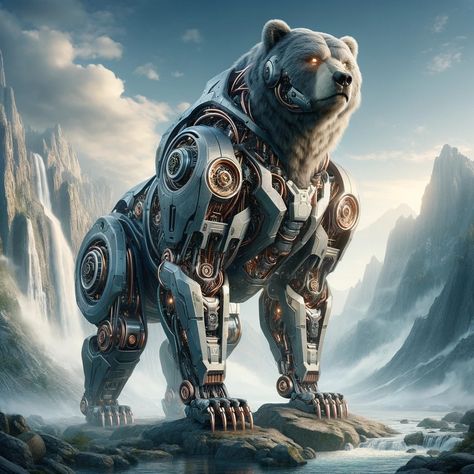 robotic bear, a towering fusion of raw power and advanced technology, set against the grandeur of mountains. 🐻🏔️ #RoboticBear #MountainMajesty #TechStrength #CopperAccents #AIConnectNetwork #RoboticWildlife #InnovativeDesign #BearBot #EpicTechnology #PowerfulPresence Homunculus Servant, Robotic Animals, Computer Video, Mechanical Animals, Steampunk Artwork, Robot Animal, Bear Character, Japanese Warrior, Blue Beetle