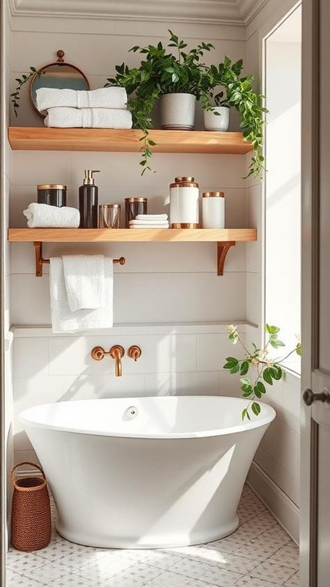 Transform Your Bathroom with 10 Decorating Ideas Bathtub Shelves Ideas, Shelving Over Bathtub, Bathtub Shelf Decor, Shelf Above Bathtub, Above Bathtub Decor, Shelves Above Bathtub, Bathtub Storage Ideas, Beautiful Restrooms, Tub Decor