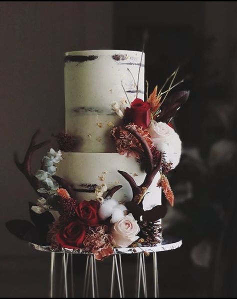 Black Rustic Wedding Cake, Dark Rustic Wedding Cake, Moody Wedding Cakes, Wedding Cake Dark Red, Single Tier Wedding Cake Gothic, Naked Red Velvet Wedding Cake, Vampire Wedding Cake Topper, Wedding Cake Dark, Antler Wedding