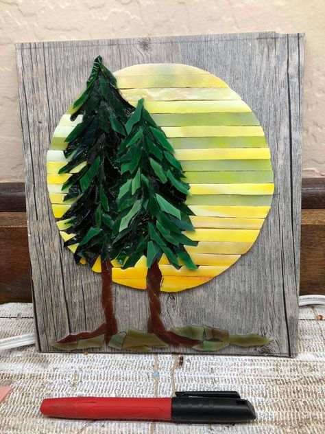 Mosaic Mountains Ideas, Mosaic Pine Trees, Fused Glass Landscapes, Forest Mosaic, Mosaic Tree Art, Mountain Mosaic, Mosaic Designs Pattern, Mosaic Trees, Mosaic Water