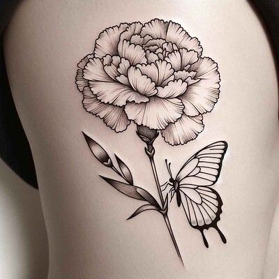 ArtStation - Carnation and Larkspur Tattoo - Birth Flower Tattoo, Korai Birth Flowers Emotions Through Art, Love Is Like A Butterfly, Carnation Flower Tattoo, Larkspur Tattoo, Partner Tattoos, January Birth Flower, Carnation Tattoo, January Birth Flowers, Born In January