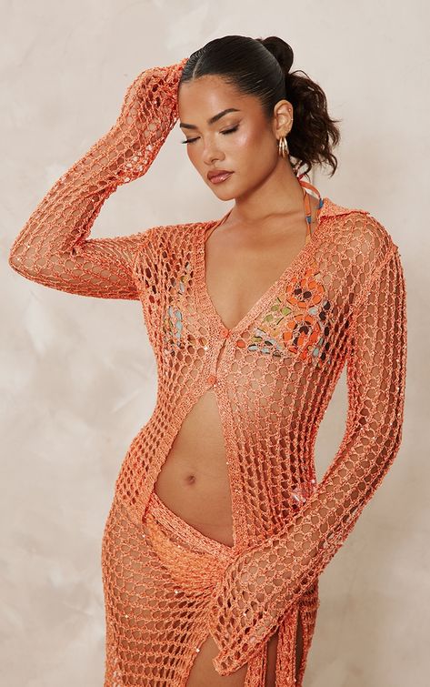 Orange Sequin Knit Beach Shirt | Knitwear | PrettyLittleThing USA Knit Cover Up, Crochet Vacation Outfit, Sequin Knit, Perfect Winter Outfit, Knitwear Style, Womens Knit Tops, Bachelorette Trip, Crochet Cover Up, Crochet Inspo