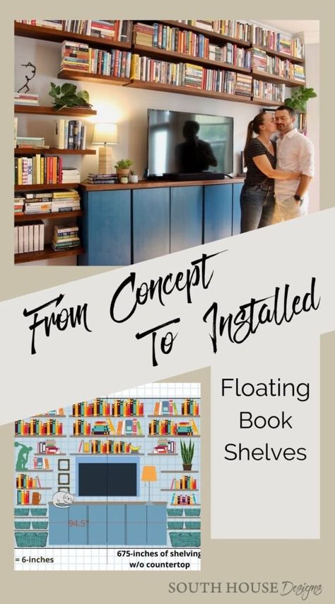 Floating Bookshelves Around Tv, Modern Floating Bookshelves, Custom Wall Shelving, Tv Wall Bookshelves Floating, Diy Wall Bookshelves Living Room, Floating Book Shelves Living Room, Floating Library Shelves, Diy Bookshelf Wall Living Room, Floating Library Wall