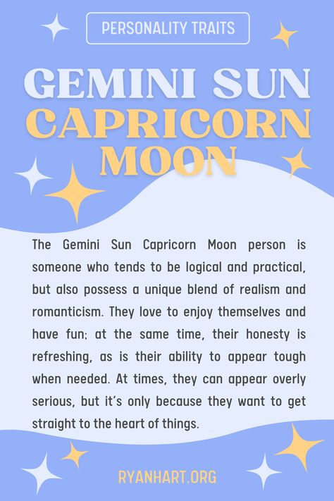 A Gemini Sun with Capricorn Moon is the epitome of the go-getter or type A personality. This character craves success and power above anything. Gemini Sun Capricorn Moon, Moon Personality, Sun Capricorn, Moon Capricorn, Type A Personality, Gemini Sun, Gemini People, Capricorn Rising, Astrology Meaning